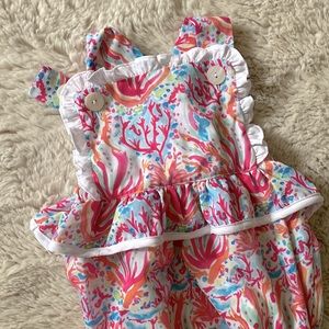 Smockingbird “Under the Sea Coral” Bubble Onesie with Ruffled Detail